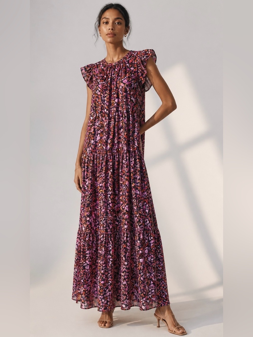 MELLODAY Floral Smocked Maxi Dress in Brown and Pink